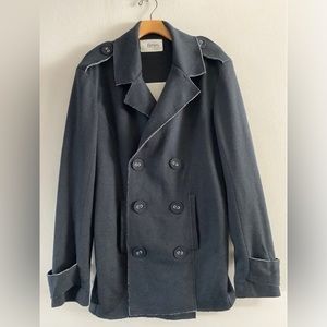 NWOT Fluxus Men’s Cotton Jersey Black Cream Miltary Pea Coat Size MEDIUM?